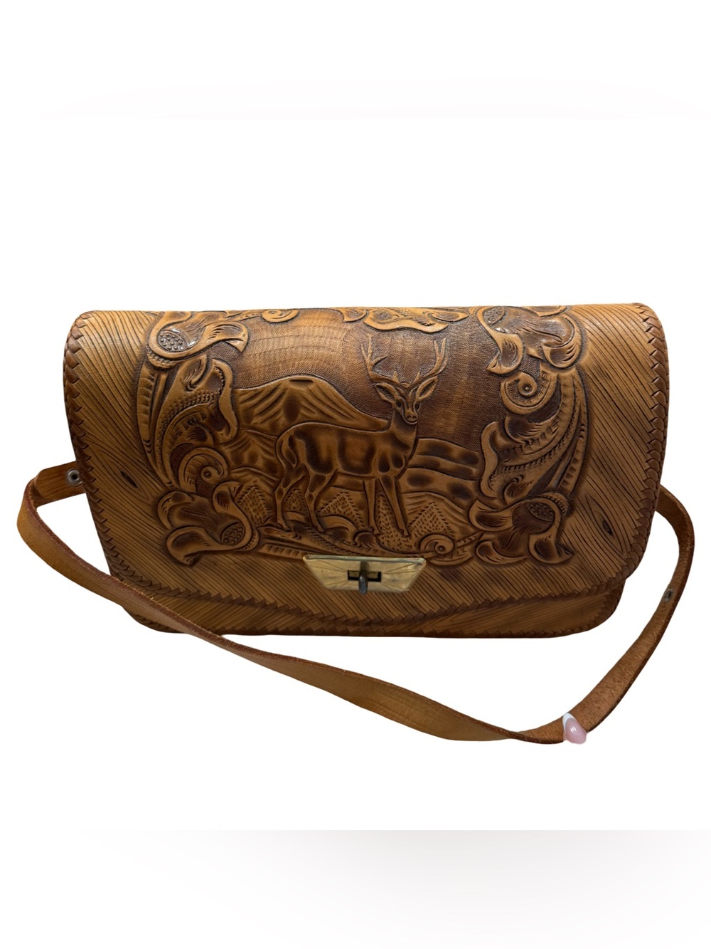 🏷️ Vintage Hand-Tooled Leather Deer Shoulder Bag 🦌